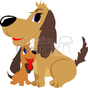 The clipart image features two cartoon dogs. The larger dog seems to be smiling and looking to the side, with its tongue out, and the smaller dog looks cheerful and is looking upward towards the larger dog, possibly indicating a puppy looking up to an adult dog.