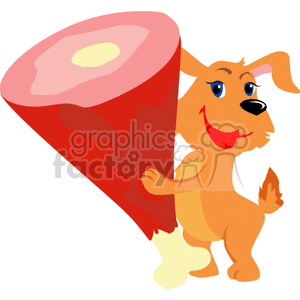 The clipart image features a cartoon of a happy brown dog standing on its hind legs and holding a giant piece of meat, which appears to be a ham or bone with meat on it.