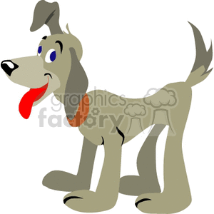The clipart image features a cartoon dog that appears happy and silly. The dog is brown with a lighter underbelly and has a large, floppy ear standing up on one side and drooping down on the other. Its tongue is hanging out to the side of its smiling mouth, and it has a wagging tail. It also wears a red collar around its neck.