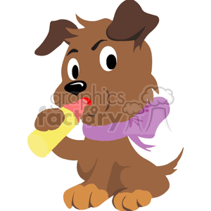 Brown puppy with purple bow drinking from a baby bottle