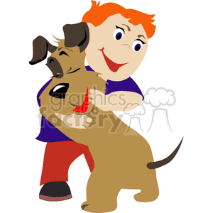 This is a clipart image of a smiling child hugging a happy brown dog with a wagging tail. The dog appears to be a cartoonish representation of a canine, standing on its hind legs, engaged in a friendly embrace with the boy.