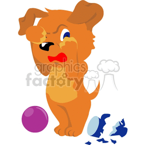 The image depicts a cartoon of a brown puppy that appears to be crying or upset, with a tear coming from one eye. There is a broken object on the ground next to the puppy, which looks like it may have been a ball, indicating the reason for the puppy's sadness.