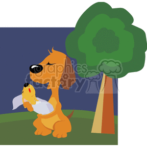 The clipart image features two cartoon dogs. The larger dog is sitting on a grassy ground with closed eyes and seems to be smiling contentedly. It is holding a smaller, joyful-looking puppy in its front paws. There's a green tree with a brown trunk on the right side of the image, and the background suggests it might be dusk or nighttime due to the dark blue sky.