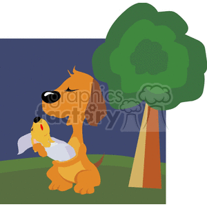 Happy Cartoon Dogs - Parent Dog Holding Puppy Near Tree