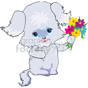 The clipart image depicts a cartoon dog with fluffy fur, primarily in shades of gray and white. The dog has large expressive blue eyes and is holding a bouquet of colorful flowers in one hand. The overall look suggests that this cartoon dog is meant to be cute and appealing, possibly designed for use in children's media or as a cheerful graphic.