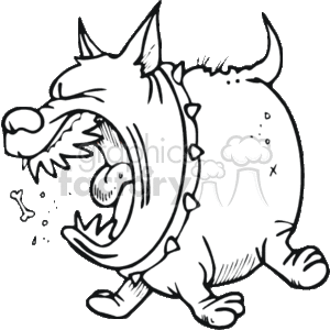 The clipart image depicts a cartoon dog that appears to be barking or growling aggressively. The dog has pointed ears, a spiked collar suggesting it might be a guard dog or a tough character, and its mouth is wide open showing its teeth. The tail is up, and the stance is dynamic, conveying a sense of motion or action. There are also a few lines and dots around the mouth, which could represent saliva or the intensity of the bark.