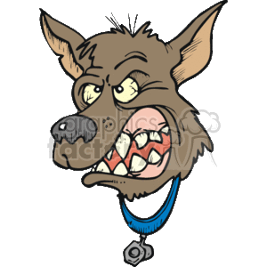 This cartoon shows the head of a dog with big teeth. It has a rough look to it, and looks intimidating. It could be a security dog. It has a blue collar 