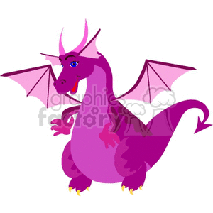 This clipart image features a stylized, cartoonish purple dragon. The dragon has large eyes, two horns on its head, and bat-like wings. It is standing upright with one arm raised. The dragon appears to be friendly and smiling.