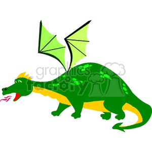 The clipart image depicts a stylized dragon. This dragon has a green body with darker green spots, a yellow underbelly, red eyes, and flames coming from its mouth. It has large, lime green wings with light green membranes and a spiky tail.