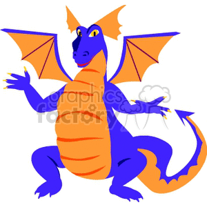 The image depicts a cartoon-style dragon with a blue body and orange belly. The dragon has two wings, which are open and orange as well, and it has four limbs with claws. The dragon's eyes are yellow, and it appears to have a friendly or playful expression.