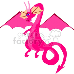 The image is a clipart illustration of a whimsical pink dragon. It has wings spread out, a long curvy tail, and is depicted in a standing position with a slightly playful expression.