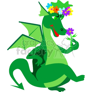 Green dragon with colorful flowers