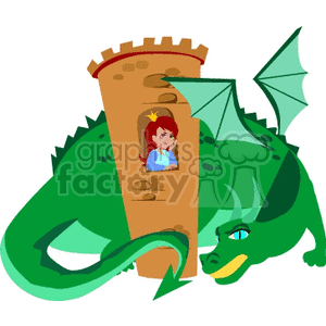 The clipart image features a green dragon with its body coiled around a stone castle tower. The dragon has large wings and appears friendly rather than menacing. In the window of the tower, a princess with a crown is visible. She has red hair and is wearing a blue dress. The overall theme suggests a fairy tale setting.