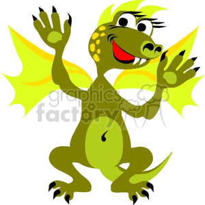 The clipart image depicts a friendly cartoon dragon. The dragon is green with yellow wings and belly, featuring a playful expression and waving hands. Its eyes are large and cheerful, with a pronounced eyelash detail suggesting a jovial character.