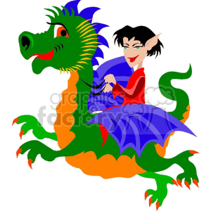 This clipart image features a green dragon with blue and purple accents, including a mane and wings. Riding on the dragon's back is what appears to be an elf character, identifiable by the pointed ears. The elf has black hair and is wearing a blue and purple outfit that matches the dragon's wings.