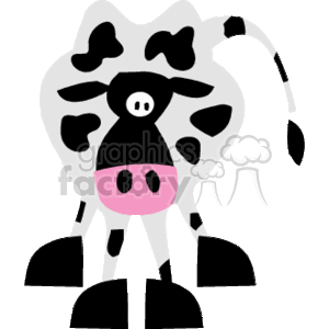 The clipart image features a stylized representation of a cow. The cow is depicted in a simplified form with black and white spots, a pink udder, and a friendly face with a prominent circular nose. It appears to be standing on a flat surface, which might be imagined as the ground on a farm.