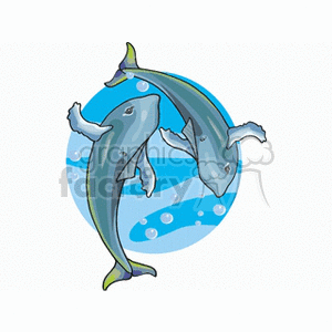 This clipart image features two stylized dolphins leaping in front of a circular backdrop that suggests water with bubbles. The dolphins are depicted in mid-jump, with their bodies curved gracefully.
