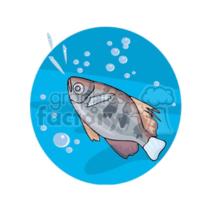 The clipart image displays a cartoon fish underwater surrounded by bubbles. The fish appears to be swimming and is depicted in hues of gray, white, and purple. The background is a blue circle representing water.