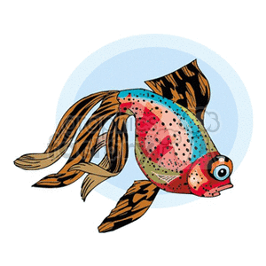 This clipart image features a colorful tropical fish. The fish has a mix of vibrant colors, including pink, blue, and brown, with a pattern of stripes on its fins and a spotted body design. It appears stylized with exaggerated features such as a large eye and full lips.