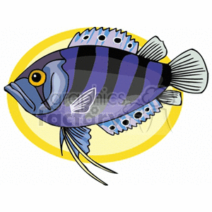 The clipart image depicts a stylized tropical fish. It is characterized by bright colors and patterns typical of exotic fish species found in tropical waters. The fish is striped with blue and black, has hints of purple and white in its fins, and features an eye with a prominent yellow ring around it.