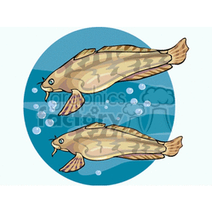 The clipart image shows two stylized fish with patterns on their bodies, swimming underwater. They appear to be moving amidst bubbles, suggesting an aquatic environment.