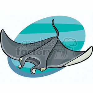 This clipart image features a cartoon depiction of a stingray, a type of marine animal known for its flat body and long tail. The stingray is set against an oval backdrop with a gradient of blue shades, suggesting an aquatic environment. The stingray is predominantly gray with hints of light shading to give it a three-dimensional look and has two eyes visible at the top of its head.