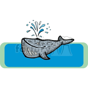 This clipart image features a stylized blue whale, depicted swimming in water with a splash above its blowhole, indicating it is exhaling air.