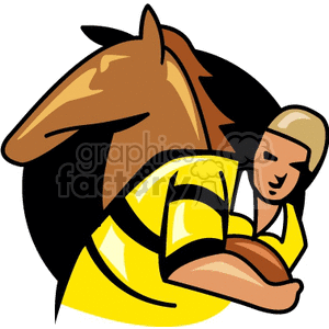 This clipart image features a rugby player holding a rugby ball with a horse behind him.