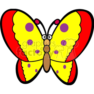 Colorful clipart image of a butterfly with yellow and red wings, purple spots, and a simple cartoon design.