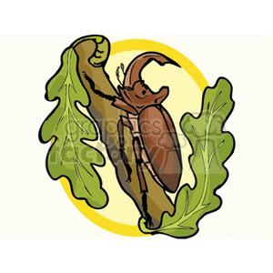 Clipart illustration of a beetle perched on a branch surrounded by green leaves.
