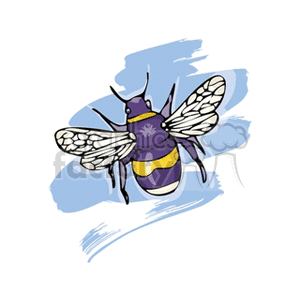 A colorful clipart image of a bee with white wings, purple and yellow stripes, set against a blue background.