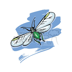 Clipart image of a green and black insect with transparent wings against a blue brushstroke background.