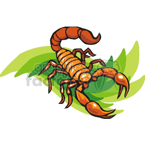The image depicts a stylized clipart of a scorpion with prominent pincers and a curved stinger-tipped tail, positioned on green leaves.