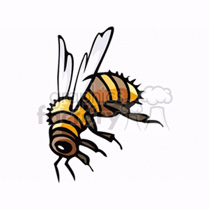 A vibrant cartoon illustration of a honey bee, characterized by its yellow and black stripes, translucent wings, and visible legs.