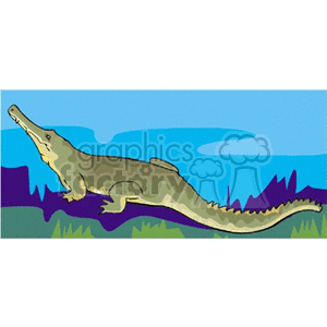 The image is a clipart depicting a stylized crocodile or alligator walking against a background of blue sky and green vegetation.