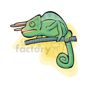 The image shows a stylized cartoon of a green chameleon with exaggerated features, like a pronounced curled tail and eyes, sitting on a branch. The background is a simple yellow shape hinting at a natural environment.