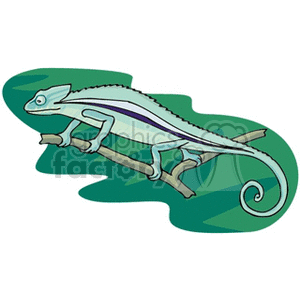 This clipart image features a stylized chameleon perched on a branch. The chameleon has a distinctive coiled tail and coloration that includes shades of green with purple accents on its back.