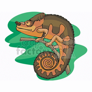 The image is a clipart illustration of a chameleon. The chameleon is depicted with a curled tail, a common characteristic of the species, and it seems to be perched on a branch. The background consists of green, abstract shapes that might represent foliage.