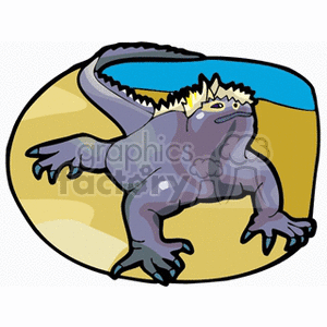 The clipart image depicts a stylized cartoon of a lizard, specifically resembling an iguana, judging by the spiny crest along its back. The iguana is illustrated in shades of purple and appears to have a dynamic pose with its limbs spread out as if it is walking or running. The lizard's eyes are directed forward, and it has a somewhat whimsical, exaggerated design. The background of the clipart is a simple, two-tone oval, split between beige and a light blue, suggesting a simplified environment or ground and sky.