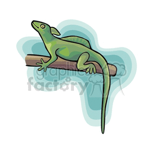 This clipart image features a stylized cartoon lizard resting on a branch, set against a patterned, light blue background.