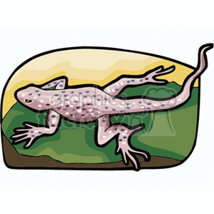 The clipart image features a stylized illustration of a spotted lizard. The lizard appears to be lying on a green and yellow surface that might suggest a natural environment, like grass and sand or a hill.