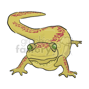 The clipart image depicts a cartoonish representation of a lizard. The lizard features a curving tail, a rounded body, and is colored in shades of yellow and green with reddish-brown markings. It has large, prominent eyes, which add to its animated character.