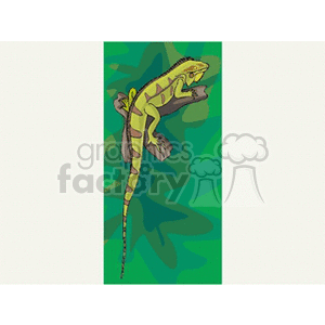 The image shows a stylized clipart of a lizard, possibly an iguana, set against a green, leaf-patterned background. The lizard is depicted in a side profile, showcasing its long tail, limbs, and the distinctive spines running along its back.