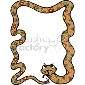   This is a clipart image featuring a stylized snake that forms a decorative border. The snake is cartoonish, with a friendly or comic expression on its face. It has a patterned back featuring rectangles with different colors, which contribute to giving it a country-style decorative look. The snake