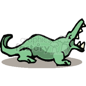The image is a simple cartoon-style clipart of a green alligator or crocodile. It is depicted with its mouth open, showcasing its teeth, and appears to be in a walking stance. There is no water depicted in the image.