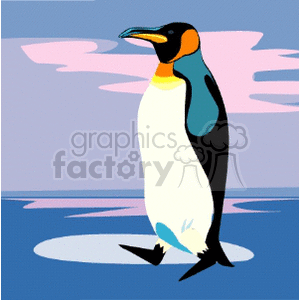 This clipart image shows a stylized penguin standing on what appears to be ice with a body of water nearby. The background includes a sky with pinkish clouds.