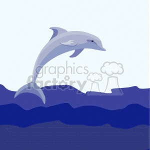 The clipart image features a stylized depiction of a dolphin leaping out of the water. The water is illustrated by layers of blue, giving the impression of waves or the ocean surface.