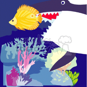 The clipart image features an underwater ocean scene. There is a vibrant yellow tropical fish in the foreground, with prominent fins and scales. Behind it, partially obscured by the edge of the image, is a shark with recognizable features like its dorsal fin and sharp teeth. The setting includes a colorful coral reef with different types of corals in pink and green hues, indicating a rich and diverse marine ecosystem.