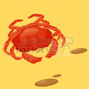 The image is a simple clipart illustration that features a red crab on a sandy background, which suggests a beach setting. There are also a couple of pebbles next to the crab.