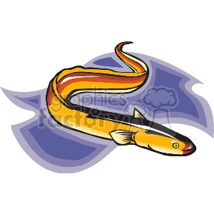 A colorful clipart image of an eel with a yellow and red body, positioned over a blue abstract background.